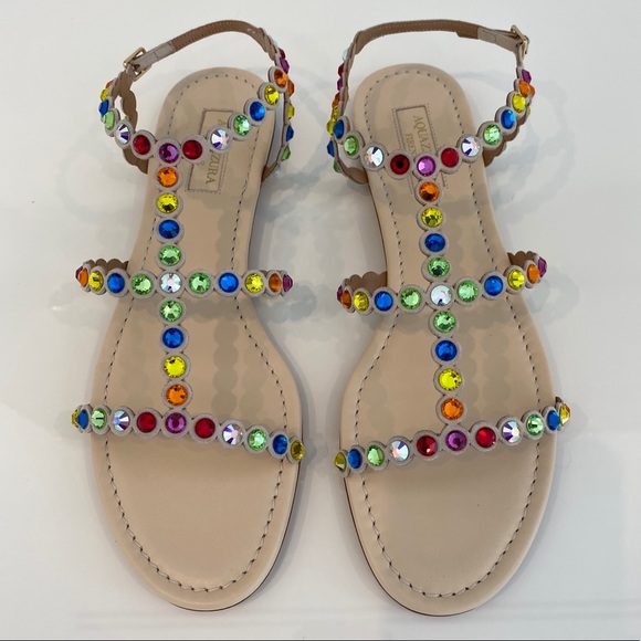 AQUAZZURA BEIGE TEQUILA CRYSTAL RAINBOW SANDALS SIZE IT 38 / US 8 NEW IN BOX! - Picture 5 of 16